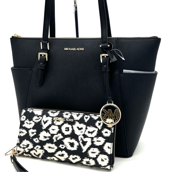 Michael Kors Large Charlotte Tote Bag & Large Continental Wallet Wristlet Black - Picture 2 of 15